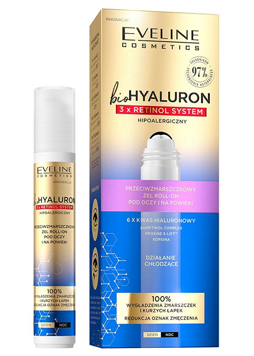 Гель для кожи вокруг глаз EVELINE Bio Hyaluron+Retinol System 15 мл с роликом